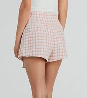 Preppy Beauty Tweed Faux Pearl Button Plaid Skort