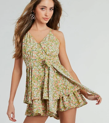 My Element V-Neck Bow Ruffled Floral Romper