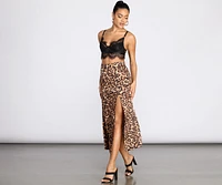 Leopard Print Stretch Satin Midi Skirt