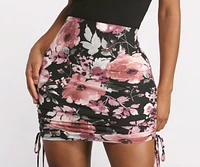 High Waist Floral Ruched Knit Mini Skirt