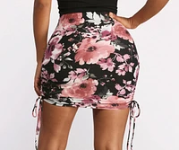 High Waist Floral Ruched Knit Mini Skirt