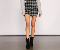 High Waist Faux Wrap Plaid Mini Skirt