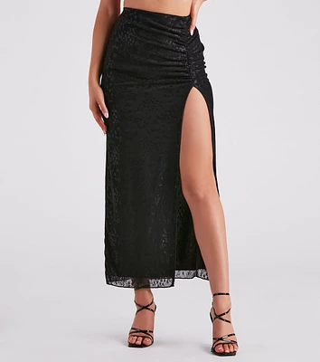 Glamorous Allure Ruched Lace Maxi Skirt