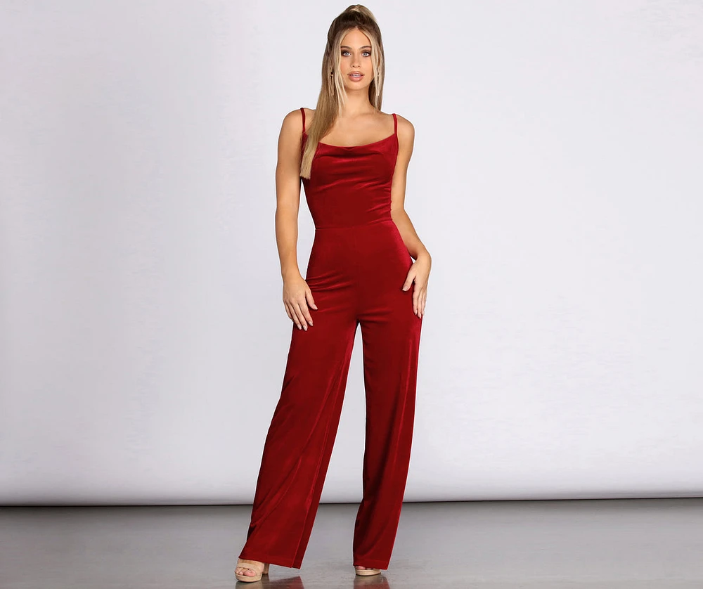 Cowl Neck Velvet Jumpsuit