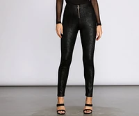 Zip Front Snake Print Coated Leggings