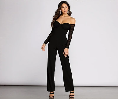 At The Ready Ruched Off Shoulder Jumpsuit
