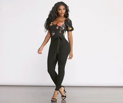 Bold Floral Puff Sleeve Catsuit