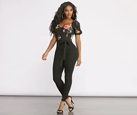 Bold Floral Puff Sleeve Catsuit