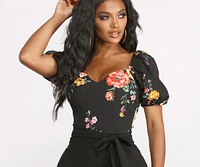 Bold Floral Puff Sleeve Catsuit