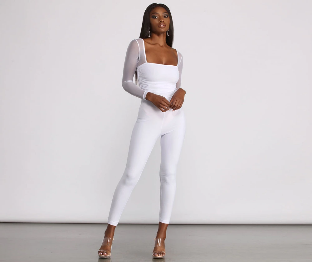 Mesh Long Sleeve Square Neck Catsuit