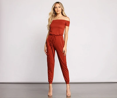 Carry On Style Off The Shoulder Cargo Jumpsuit