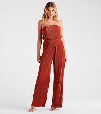 Here To Play Satin Strapless Pleated Jumpsuit