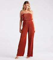 Here To Play Satin Strapless Pleated Jumpsuit