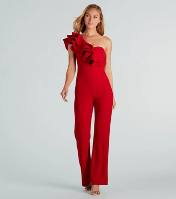 Catwalk Strut Crepe Ruffle One-Shoulder Jumpsuit