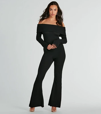 So Chic Off-The-Shoulder Long Sleeve Knit Jumpsuit