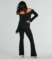 So Chic Off-The-Shoulder Long Sleeve Knit Jumpsuit