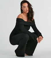 So Chic Off-The-Shoulder Long Sleeve Knit Jumpsuit