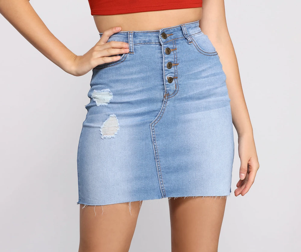 Button Up Raw Hem Denim Mini Skirt