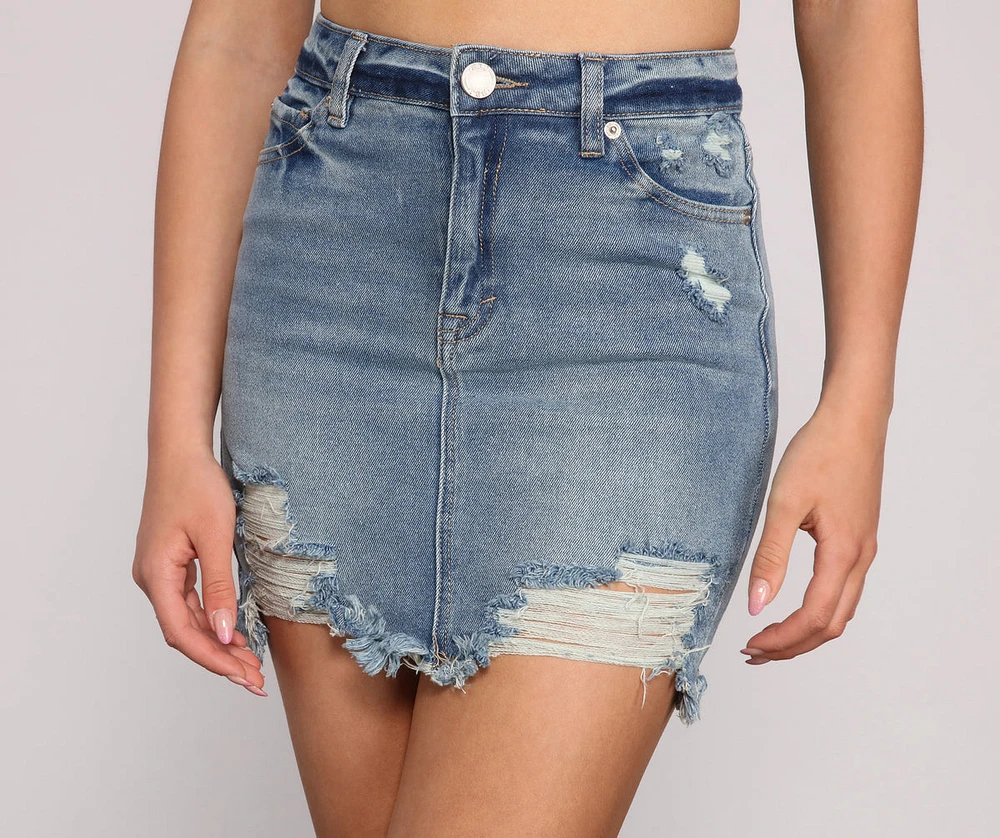 Destructed Glam Denim Mini Skirt