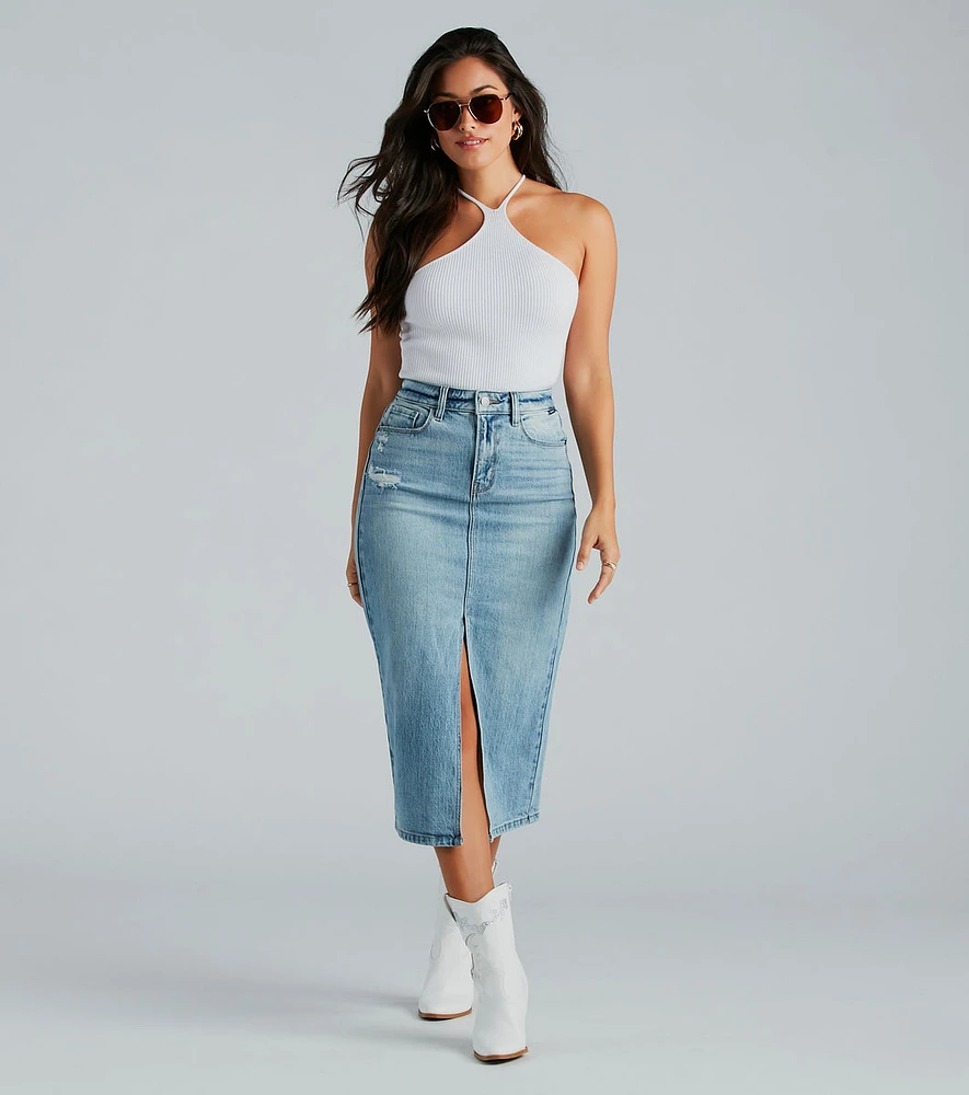 All That Denim Slit Midi Skirt