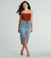 Iconic Trendsetter High Rise Slit Denim Midi Skirt