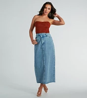 Girl Next Door Asymmetrical Waist Denim Midi Skirt