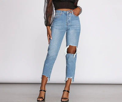 High Rise Destructed Straight Leg Jeans