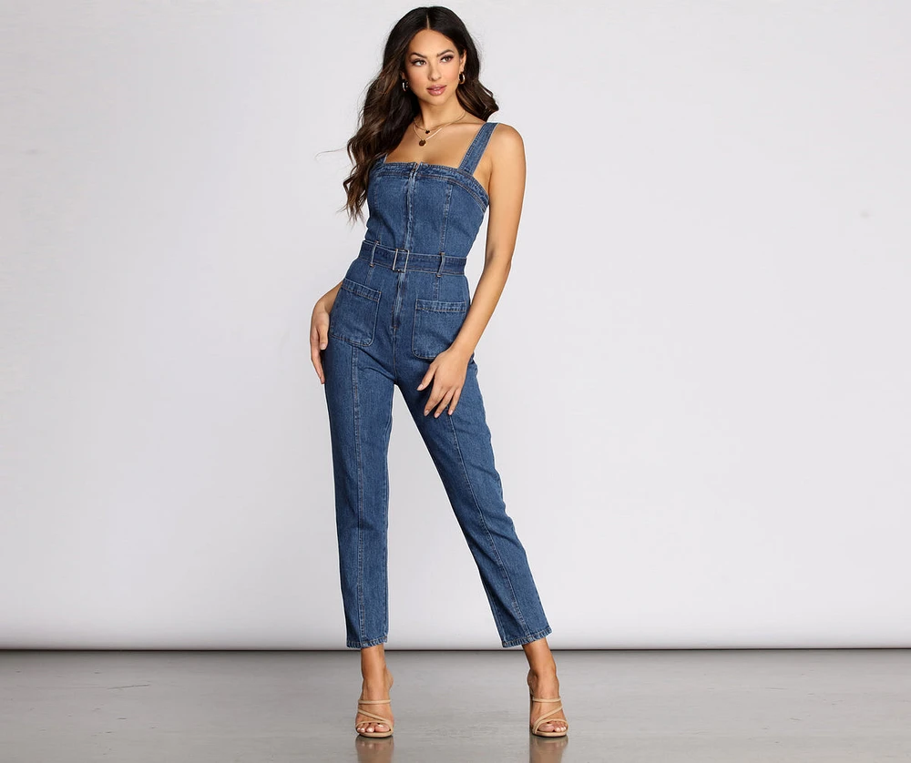 Busy Babe Zip Front Denim Jumpsuit