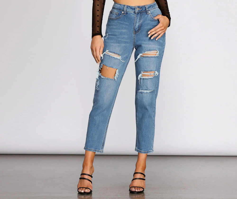 High Rise Majorly Distressed Straight Leg Jeans