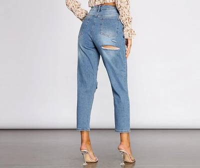 High Rise Destructed Straight Leg Jeans