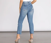 High Rise Straight Leg Destructed Denim Jeans