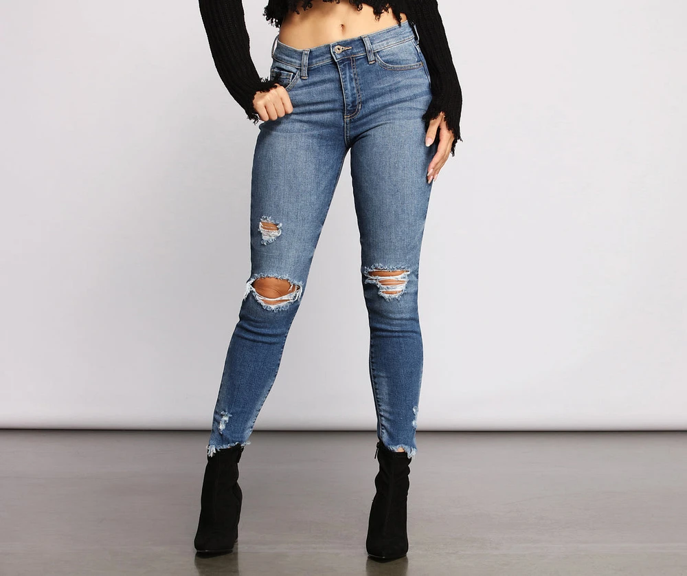 Mid-Rise Destructed Skinny Jeans