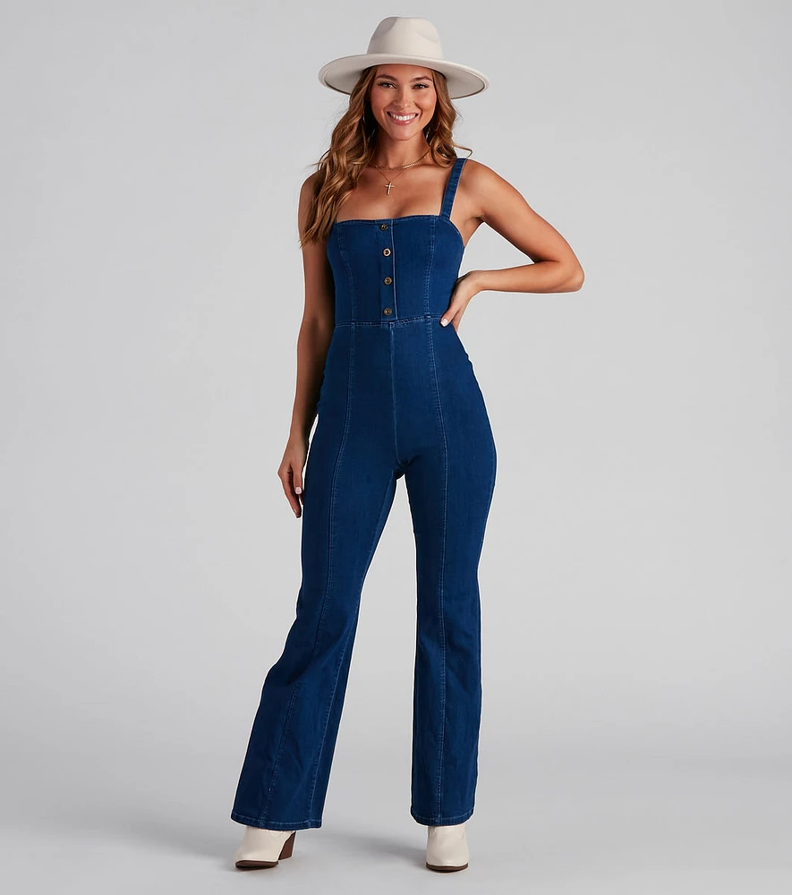 Denim Glam Flared Sleeveless Jumpsuit