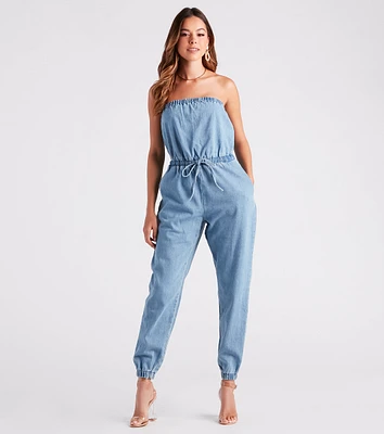 Fit Check Strapless Denim Jogger Jumpsuit