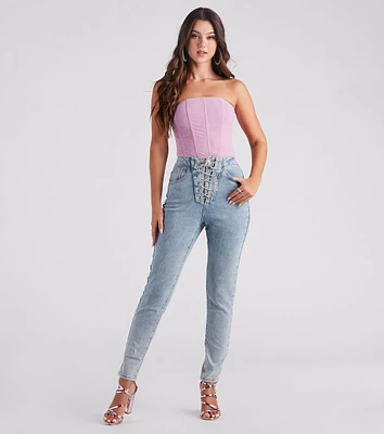 Glam Trendsetter Rhinestone Lace-up Skinny Jeans