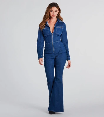 You've Got Flare Long Sleeve Denim Jumpsuit