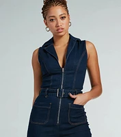 Retro Vibes Belted Flared-Leg Denim Jumpsuit