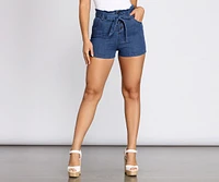 Paper Bag Tie Waist Denim Shorts