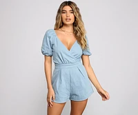 Sweet Style Puff Sleeve Denim Romper