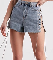 Lace Me Up High-Rise Rhinestone Denim Shorts