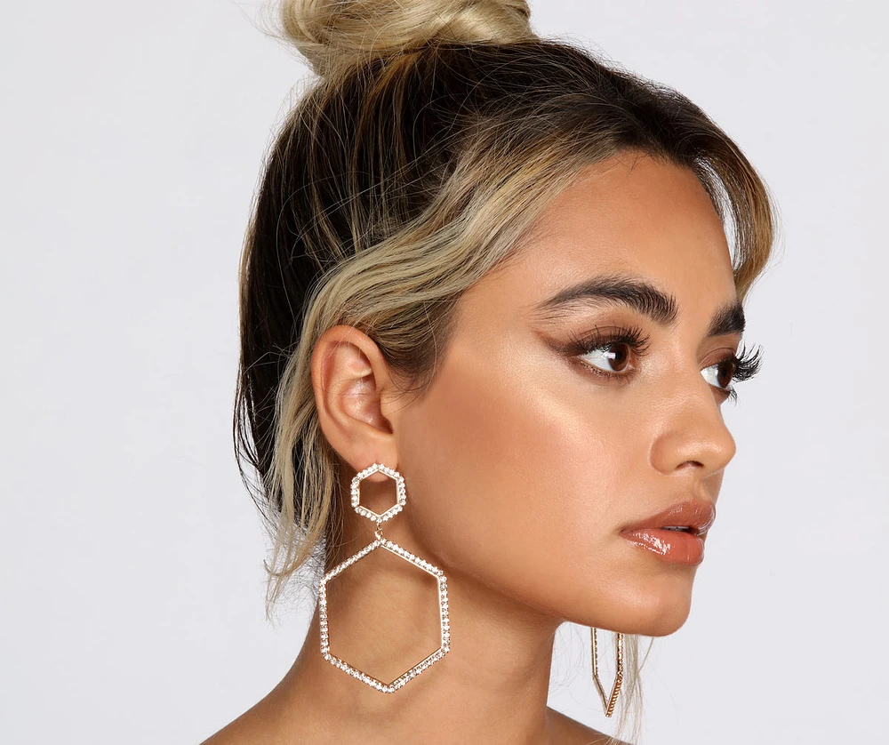 Hexagon Rhinestone Drop Hoop Earrings