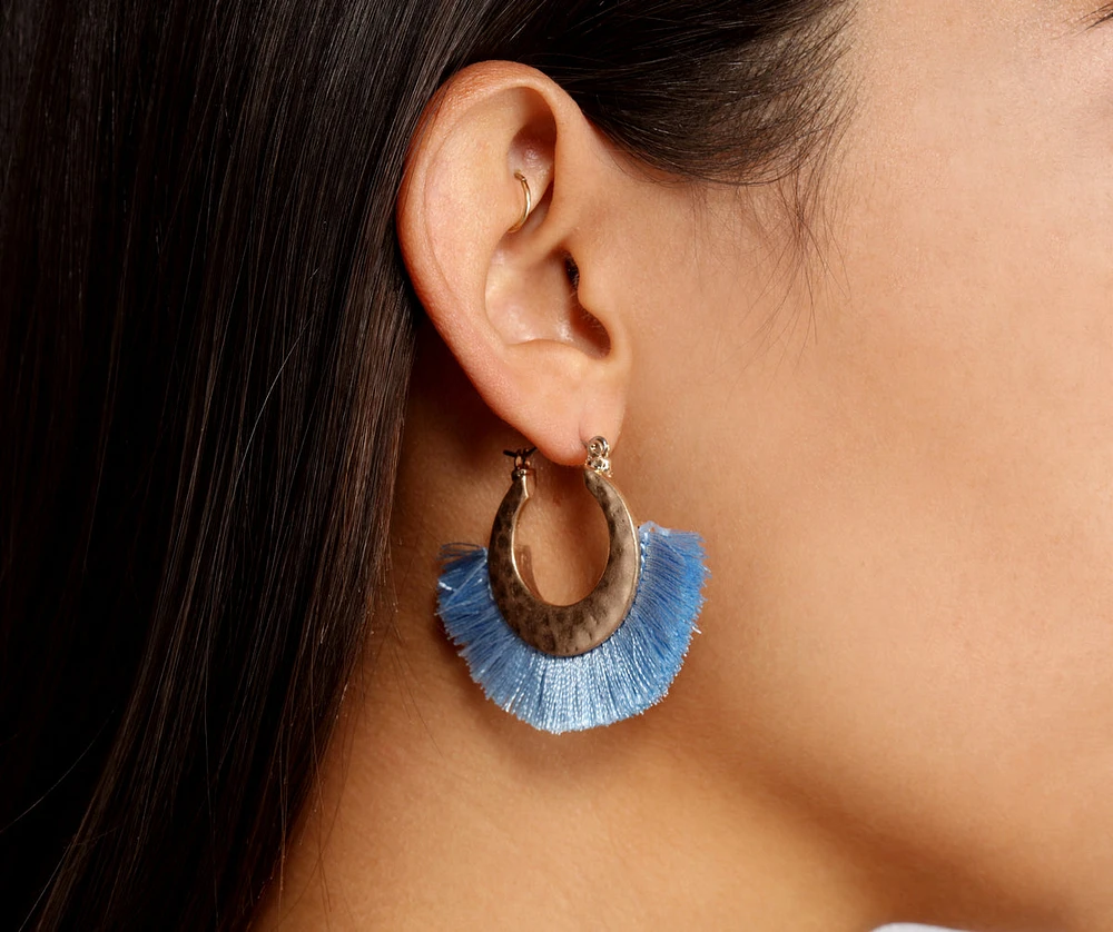 Hammered Hoop Tassel Earrings