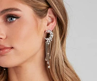 Crescent Moon Rhinestone Fringe Earrings