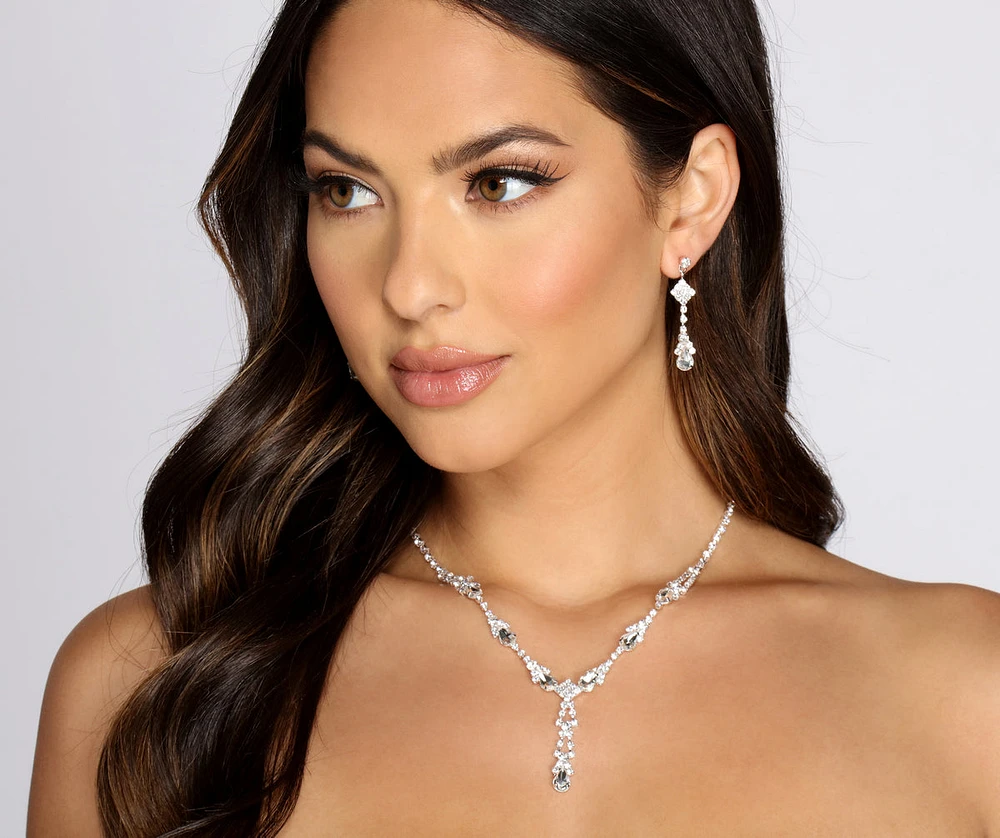 Stunning Rhinestone Teardrop Lariat Necklace Set