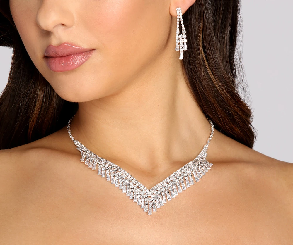 Baguette Rhinestone Necklace + Earring Set