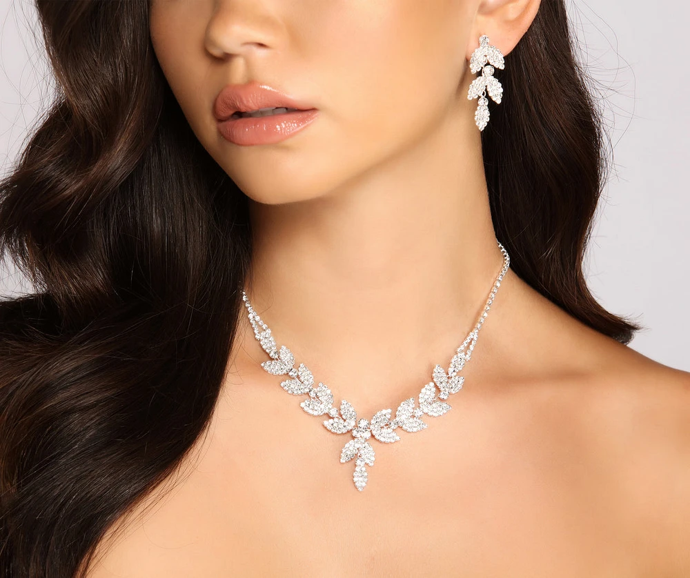 Rhinestone Leaf-Shaped Necklace And Earring Set