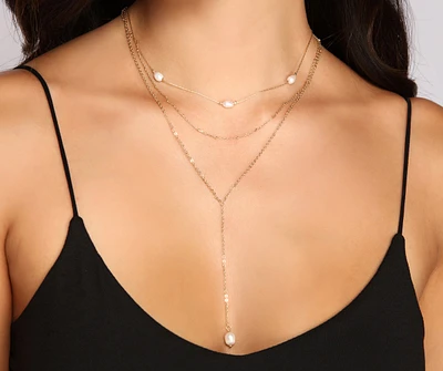 Triple Row Dainty Pearl Lariat Necklace
