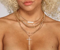 Five-Layer Rhinestone Bar And Cross Necklace Set