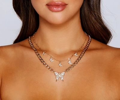 Edgy Glamour Rhinestone Butterfly Necklace Set