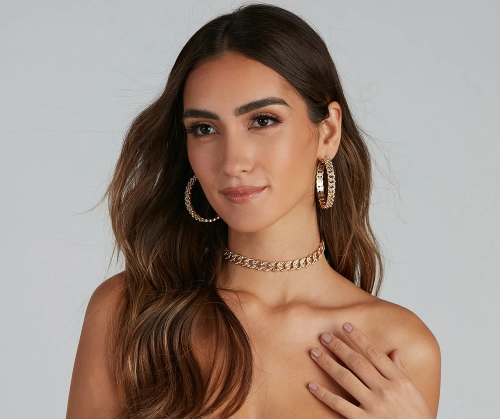 Bling Rhinestone Chainlink Choker And Hoops